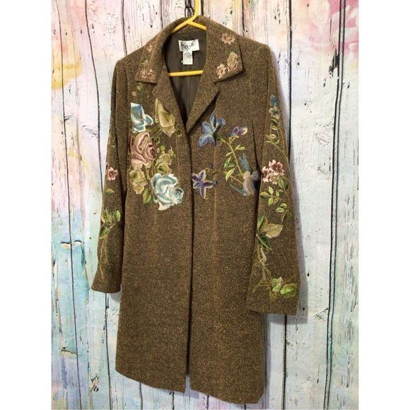 Newport News Jackets & Blazers - Long Jacket Size 10 Brown Embroidered Tweed Coat PTP 20”